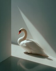 Elegant White Swan in Minimalist Space with Soft Light and Shadows