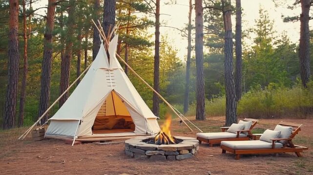 Glamping getaway with cozy teepee and crackling campfire in a tranquil forest