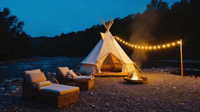 Luxury glamping experience by river with cozy teepee and lounge chairs at dusk