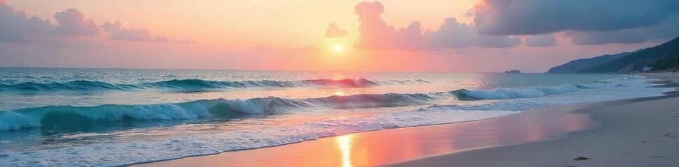 Serene beach scene at sunrise, with soft pastel colors painting the sky and calm ocean waves gently lapping the shore Perfect for travel, vacation, or relaxation themes , waterfront, beautiful