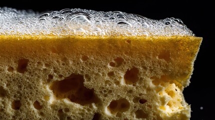 Close-up of a yellow sponge with foam on a black background, captured in a macro shot ideal for car cleaning service ad banner design to highlight cleaning tools for promotional use.