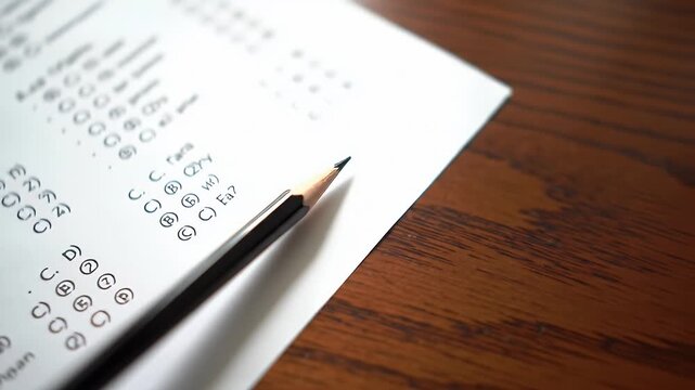 Close Up of Pencil on Multiple Choice Exam Paper on Wooden Desk