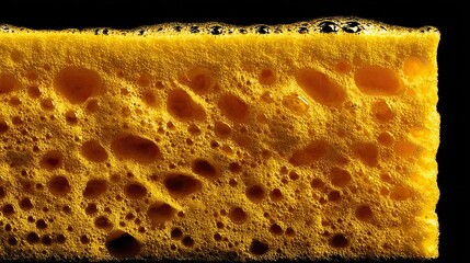 Close-up of a yellow sponge with foam on a black background, captured in a macro shot ideal for car cleaning service ad banner design to highlight cleaning tools for promotional use.