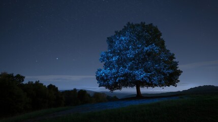 Enchanted tree with bioluminescent leaves under a starlit sky