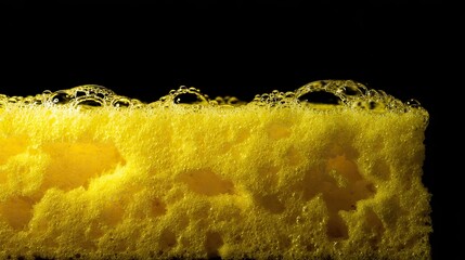 Close-up of a yellow sponge with foam on a black background, captured in a macro shot ideal for car cleaning service ad banner design to highlight cleaning tools for promotional use.