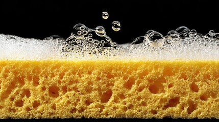 Close-up of a yellow sponge with foam on a black background, captured in a macro shot ideal for car cleaning service ad banner design to highlight cleaning tools for promotional use.