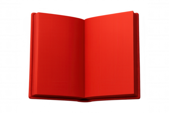 Red hardcover book standing open, displaying blank white pages, rendered in crisp 3d detail against transparent background