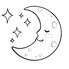 Cute crescent moon with smiling face and stars in black and white line art