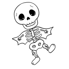 Cute cartoon skeleton with bat wings in playful black and white line art