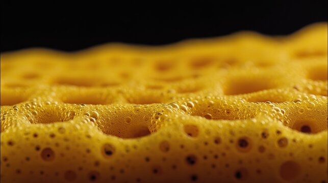 Close-up of a yellow sponge with foam on a black background, captured in a macro shot ideal for car cleaning service ad banner design to highlight cleaning tools for promotional use.