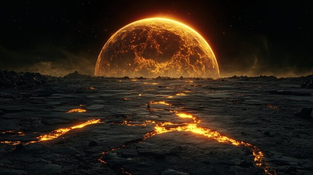 Huge glowing orange lava planet against black empty sky with a straight path of embers leading to its fiery surface, dramatic cosmic landscape