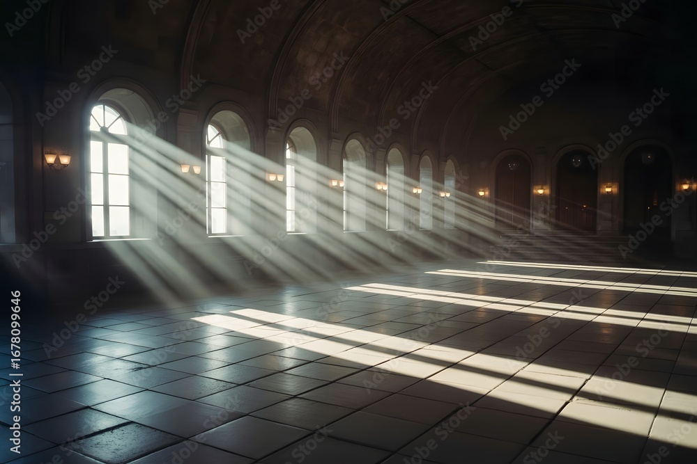 Poster sunlight streams through arched windows illuminating a dark empty hall with patterned light beams cr