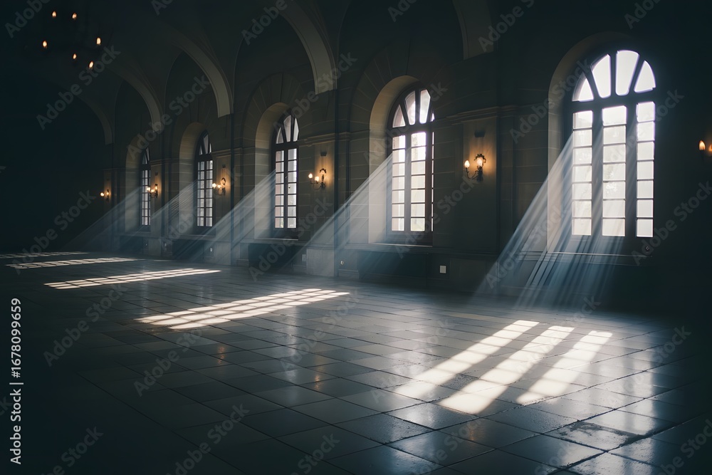Poster sunlight streams through arched windows illuminating the dusty interior of a grand empty hall with a