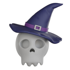 Halloween 3d icon skull with witch hat.