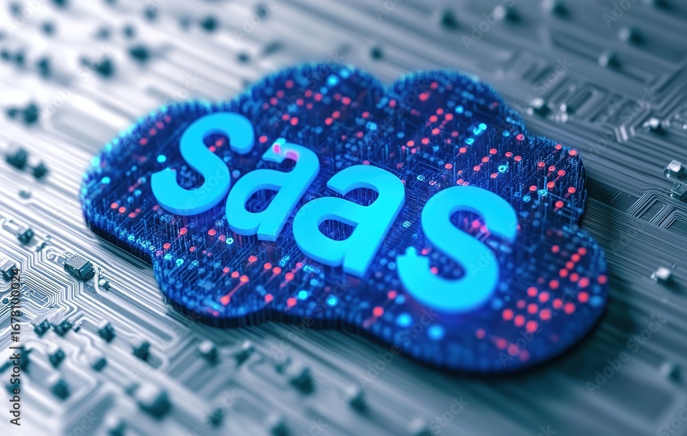 Poster top down shot of 3d saas icon on circuit board background with blue color and cinematic lighting. di