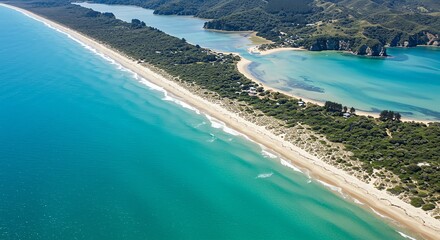 Coastal landscape with turquoise water and sandy beach