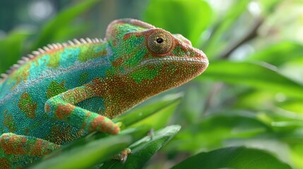 Obraz premium Vibrant Colorful Chameleon Blending into Natural Habitat Displaying Incredible Camouflage and Unique Patterns Among Green Foliage and Sunlight