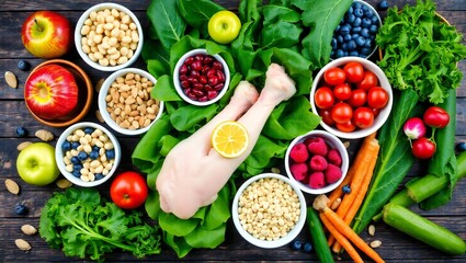 Healthy raw chicken leg with fresh fruits vegetables and nuts