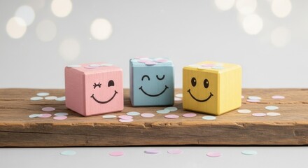 Three smiling face wooden blocks pink blue yellow with confetti on wood cube