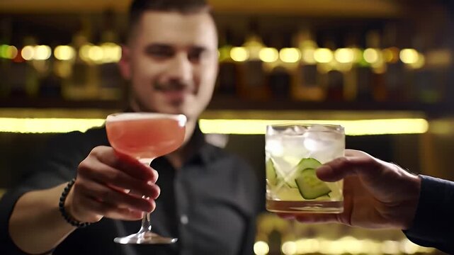 Close Up of Bartender Offering Pink Cocktail in Stemmed Glass Alongside Cucumber Infused Drink in Dimly Lit Upscale Bar Perfect for Advertisement and Cheers to National Day