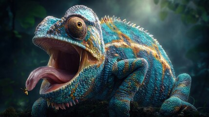 Fototapeta premium Vibrant Lizard with Mouth Ajar and Protruding Tongue in Natural Habitat Showcasing Unique Reptilian Features and Intriguing Wildlife Behavior in Nature