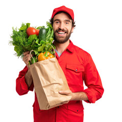 Smiling delivery man with red uniform holding a shopping bag full of vegetable isolate on transparency background
