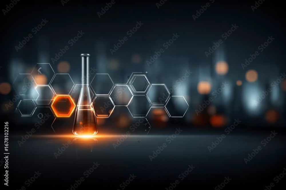 Poster science in a bottle: this image showcases the elegance of science, with a solitary flask filled with