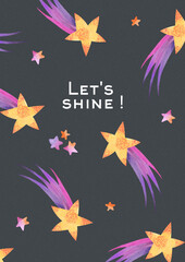 Artistic watercolor composition with bright stars, shooting comets, and galaxy