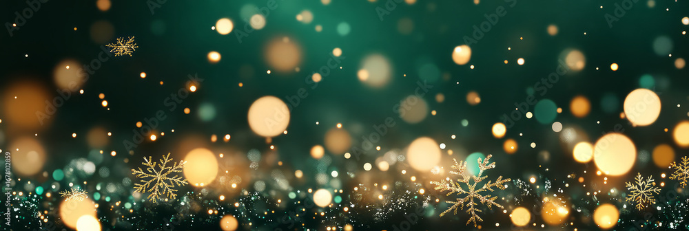 Poster a festive background with bokeh lights and snowflakes on a dark green and gold gradient backdrop sce