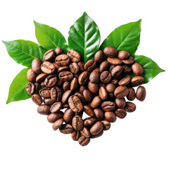 Coffee beans in Heart shaped and leaves, fair trade concept top view isolate on transparency background