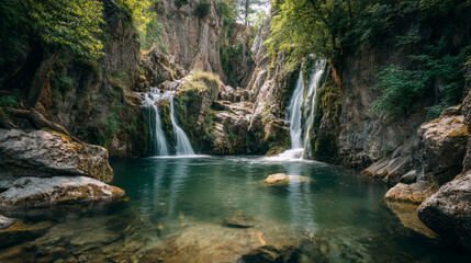 Fototapeta premium Serene waterfalls cascading into a clear pool surrounded by lush greenery and rocky cliffs landscape