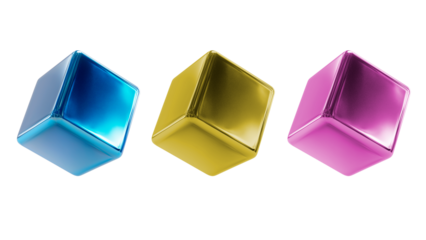 Gold, blue, and purple metal cubes