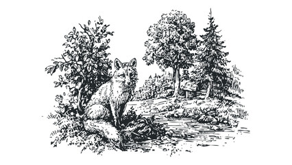 Woodland fox resting near stream and foliage. Vector hand drawn illustration