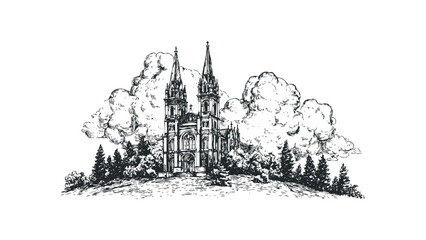 Ink sketch of a grand gothic cathedral with twin spires surrounded by trees and dramatic clouds. Vector hand drawn illustration