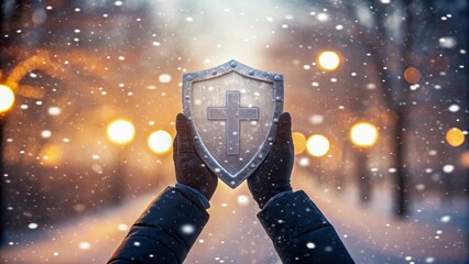 Cybersecurity in telemedicine shield cross winter snow bokeh glow hope serene