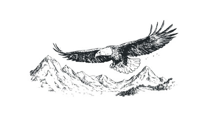Sketchy Eagle Soaring Over Jagged Mountain Peaks. Vector hand drawn illustration