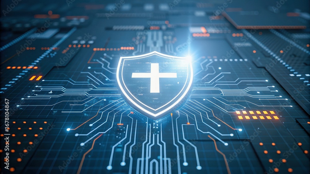 Aufkleber cybersecurity in telemedicine shield glow circuit board network data protection secure system digita