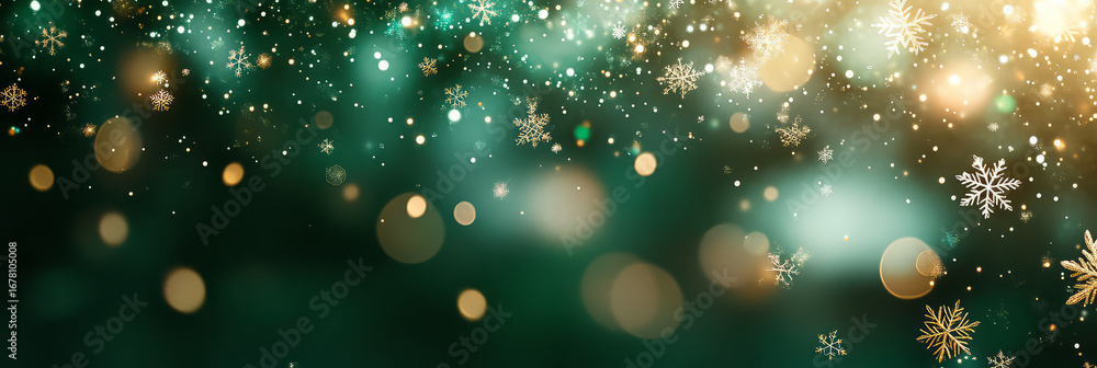 Poster a festive background featuring snowflakes and bokeh lights on a green and teal gradient backdrop des