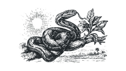 Detailed Pen and Ink Drawing of a Serpent Coiled on a Branch with Tropical Foliage. Vector hand drawn illustration