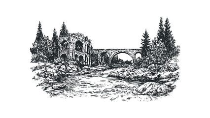 Arch Bridge ruins over a stream with surrounding trees in sketch style. Vector hand drawn illustration
