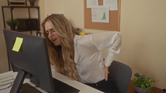 Woman in office experiencing back pain while sitting at desk with computer, highlighting workplace discomfort in indoor environment.