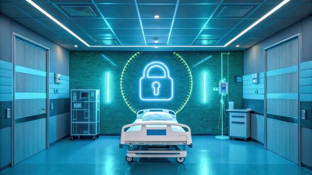 Cybersecurity in telemedicine neon lock hospital room secure data patient privacy digital care modern clinic calming glow