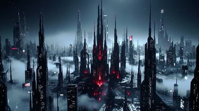 A futuristic dark city with towering pointed skyscrapers shrouded in mist and lit by red accents
