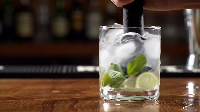Crafting a Refreshing Caipirinha Cocktail Muddled Limes and Mint Leaves in a Clear Glass with Crushed Ice and a Splash of Cacha?a on a Wooden Counter against a Blurred Background