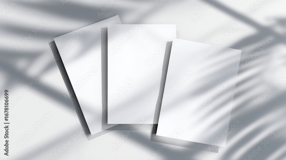 Aufkleber three blank white sheets arranged on a surface with soft shadows, creating a minimalist aesthetic