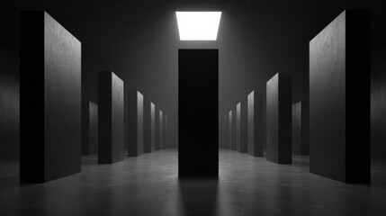 Dark Minimalist Interior Space with Light Source and Vertical Columns Creating a Futuristic Aesthetic