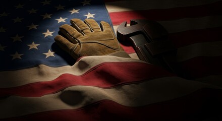 American Labor: Gloves and Wrench on US Flag