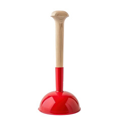 toilet bowl red rubber cup plunger with wooden handle front view isolate on transparency background