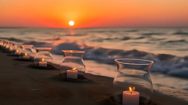 Candles glow on beach at sunset, creating peaceful ambiance. Romantic vacation, spa resort, memorial service, wedding scene. Ocean waves. Serene, calm mood. Sunset light.