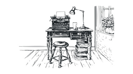 Antique typewriter on a wooden desk with a stool and books. Vector hand drawn illustration